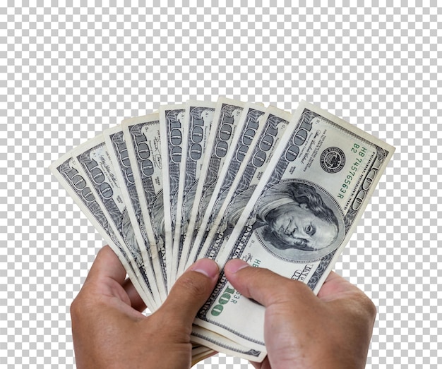 PSD man hand holding 100 dollar banknote isolated