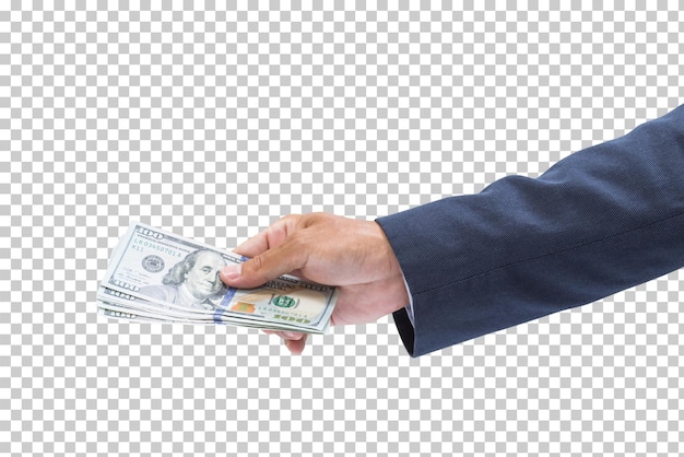 PSD man hand holding 100 dollar banknote isolated