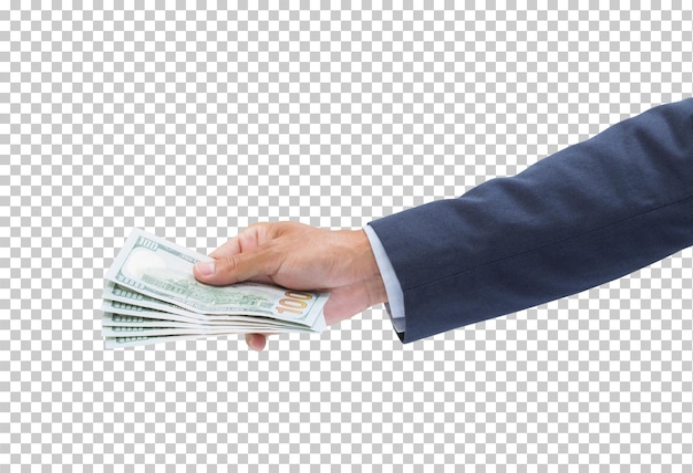 PSD man hand holding 100 dollar banknote isolated