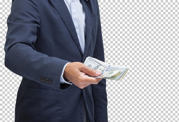 PSD man hand holding 100 dollar banknote isolated