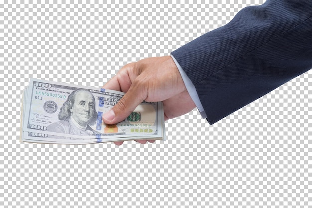 Man hand holding 100 dollar banknote isolated