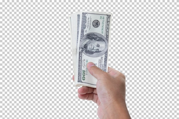 Мужчина держит банкноту в 100 долларов США на белом фоне Бизнес и финансовая концепция