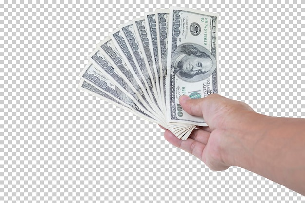 Man hand holding 100 us dollar banknote isolated on white background business and financial concept