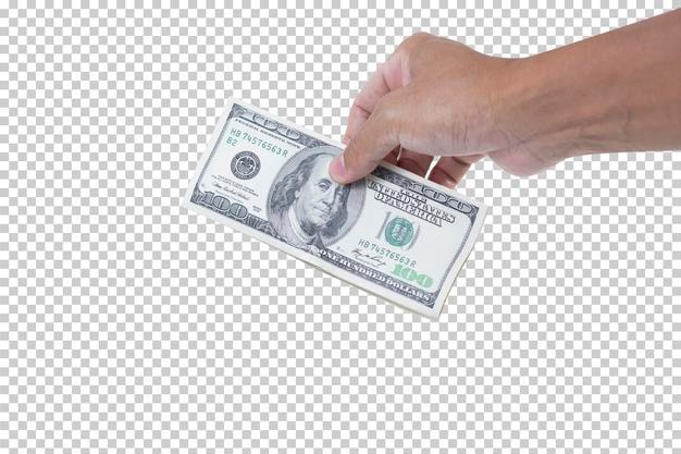 Man hand holding 100 us dollar banknote isolated on white background business and financial concept