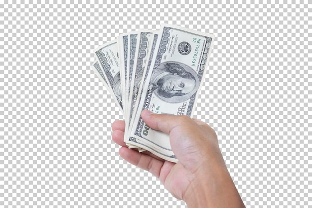 PSD man hand holding 100 us dollar banknote isolated on white background business and financial concept