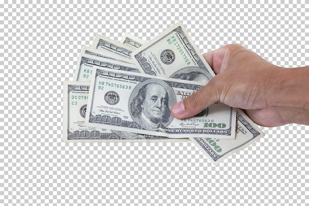 PSD man hand holding 100 us dollar banknote isolated on white background business and financial concept