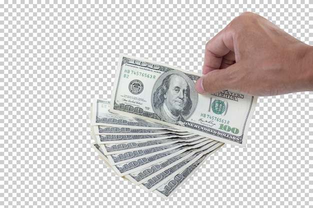 Man hand holding 100 US dollar banknote isolated on white background Business and financial concept