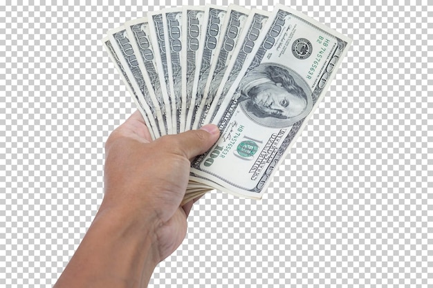 Man hand holding 100 US dollar banknote isolated on white background Business and financial concept