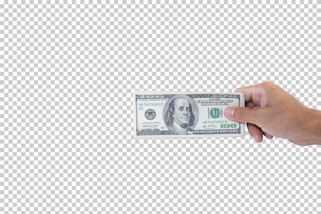 Man hand holding 100 us dollar banknote isolated on white background business and financial concept