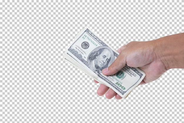 Man hand met 100 dollar biljet geïsoleerd op een witte achtergrond Zakelijke en financiële concept