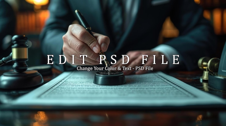 PSD 在辦公桌上的文件上用手印有批准的印章的男人