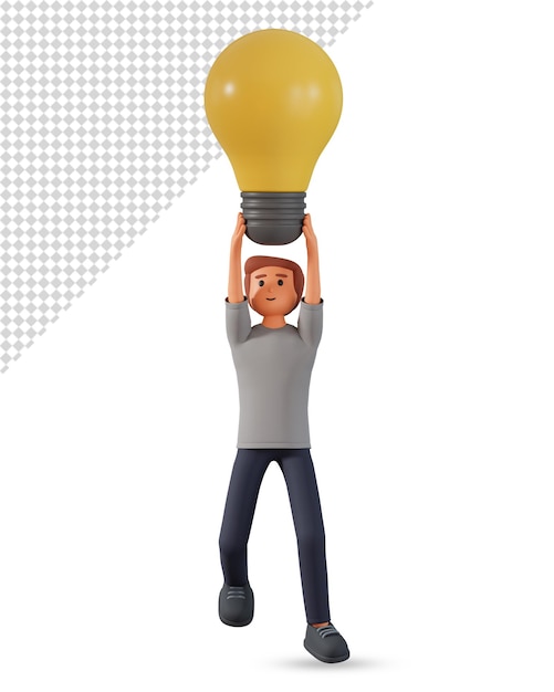 Man hanging on to flying bright lightbulb 3d illustrationx9