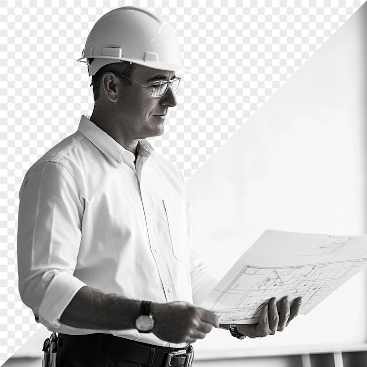 PSD a man in a hard hat is holding a piece of paper