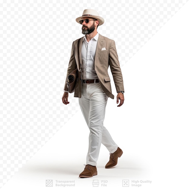 PSD un uomo con un cappello e un cappello cammina su uno sfondo bianco.