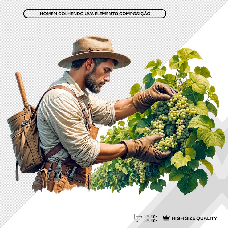 PSD a man in a hat is holding a bunch of grapes