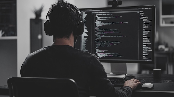 PSD man in headphones coding at night on computer
