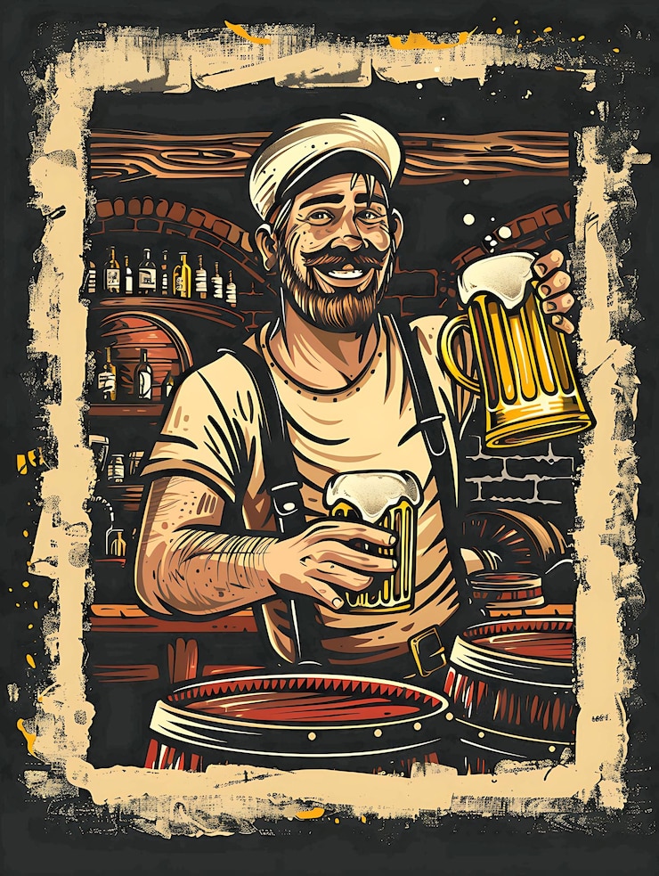PSD man holding a beer stein and smiling with a backdrop of a be flat illustration beer culture design