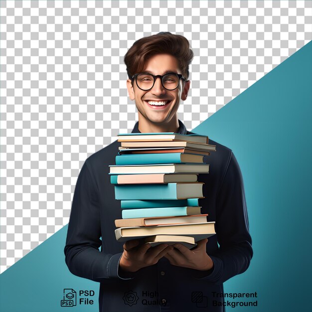 PSD uomo che tiene libri isolati su uno sfondo trasparente include file png