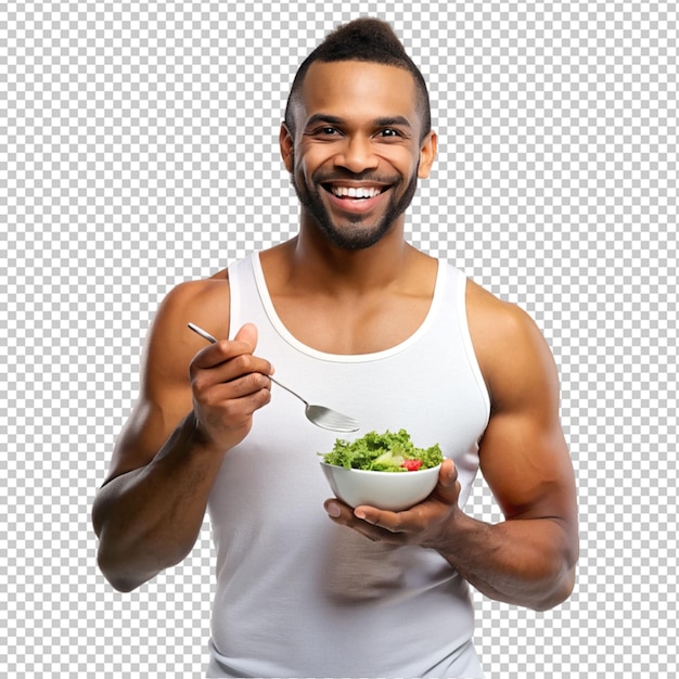 PSD a man holding a bowl of salad on transparent background