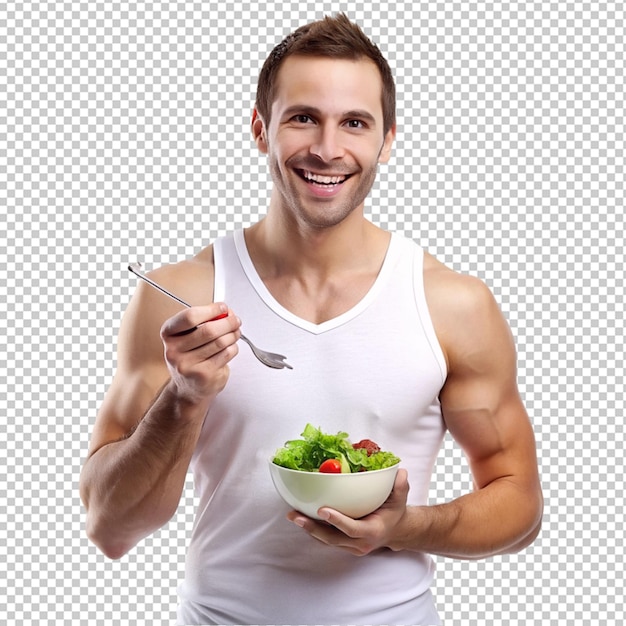 PSD a man holding a bowl of salad on transparent background