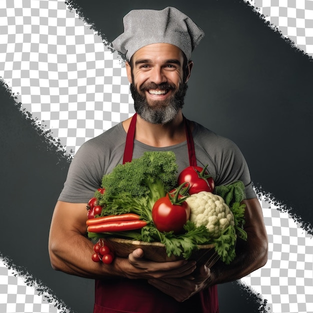 PSD a man holding a bunch of vegetables that says 