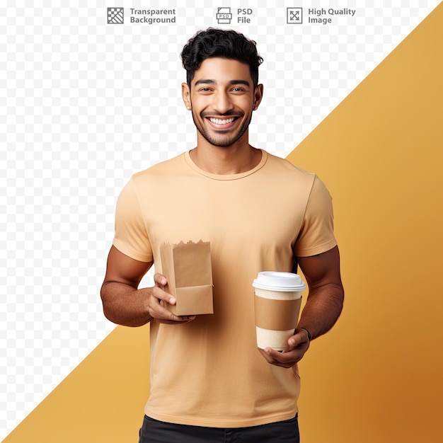 Premium PSD | A man holding a coffee cup and a coffee cup.