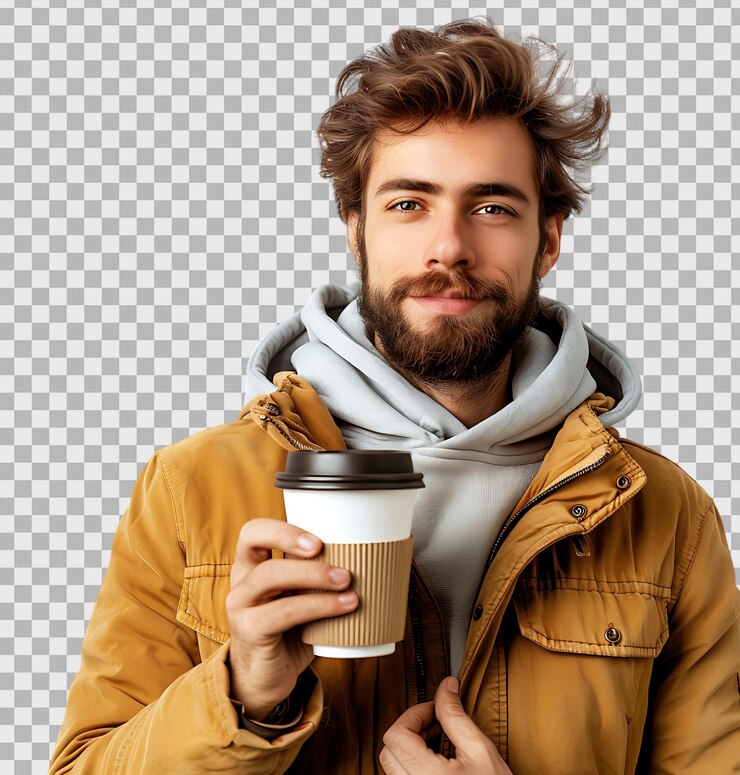 PSD a man holding cup of coffee on transparent background