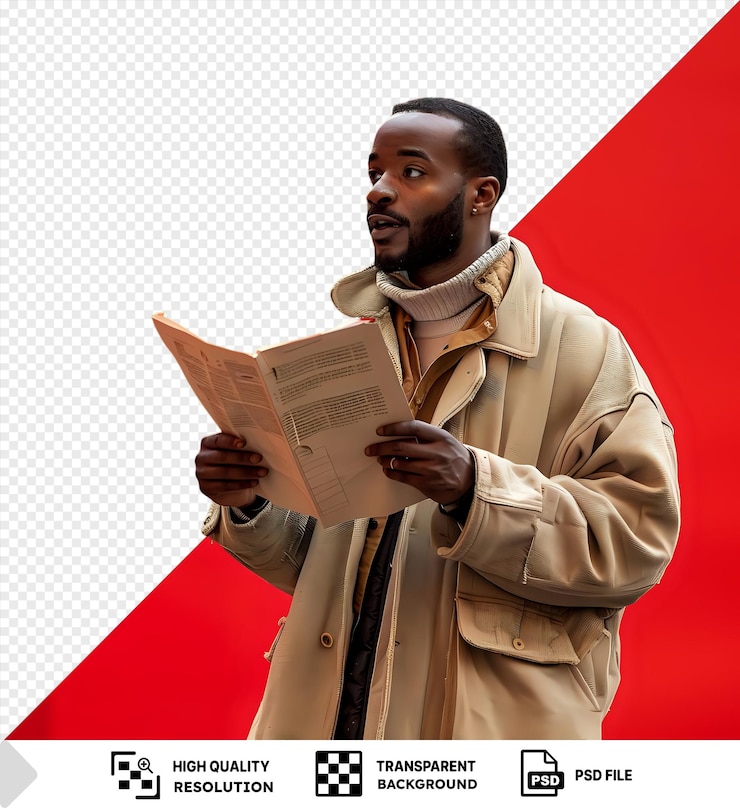 PSD a man holding a document in hands and looking interested png