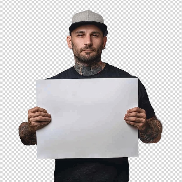 Man holding an empty placard isolated on transparent background png