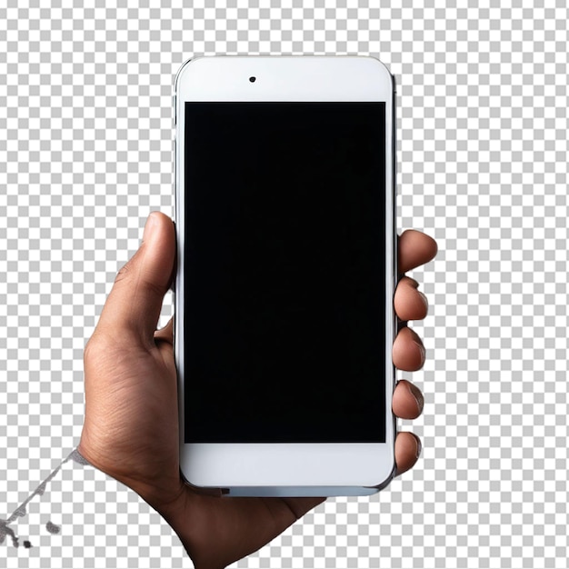 PSD man holding empty screen mobile frame mockup png