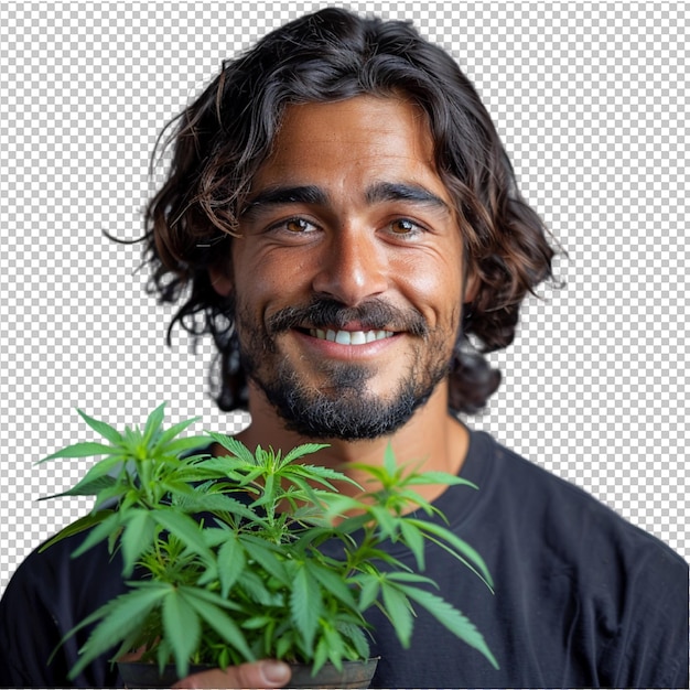 PSD a man holding a green plant and a white background with a picture of a man holding a green plant