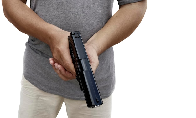 Uomo con una pistola in mano sullo sfondo trasparente