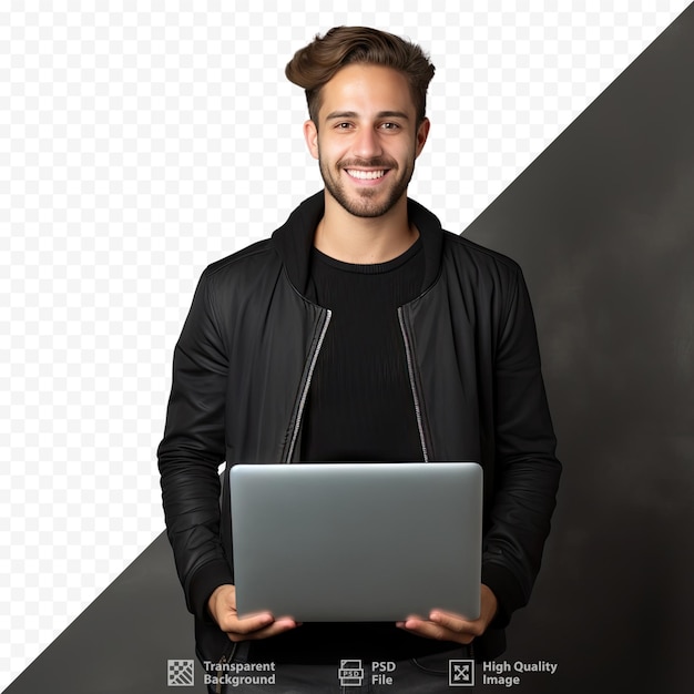 A man holding a laptop in his hands.