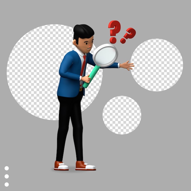 a man holding a magnifying glass with question marks on it.