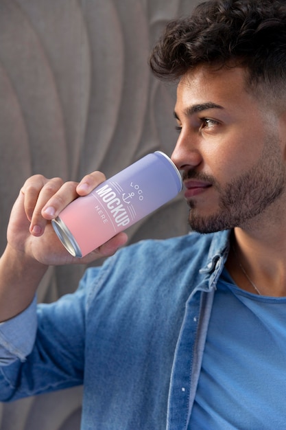 PSD man holding a mock-up canned soda