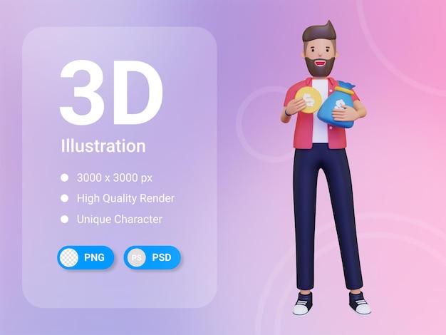 Мужчина держит мешок с деньгами 3d иллюстрация