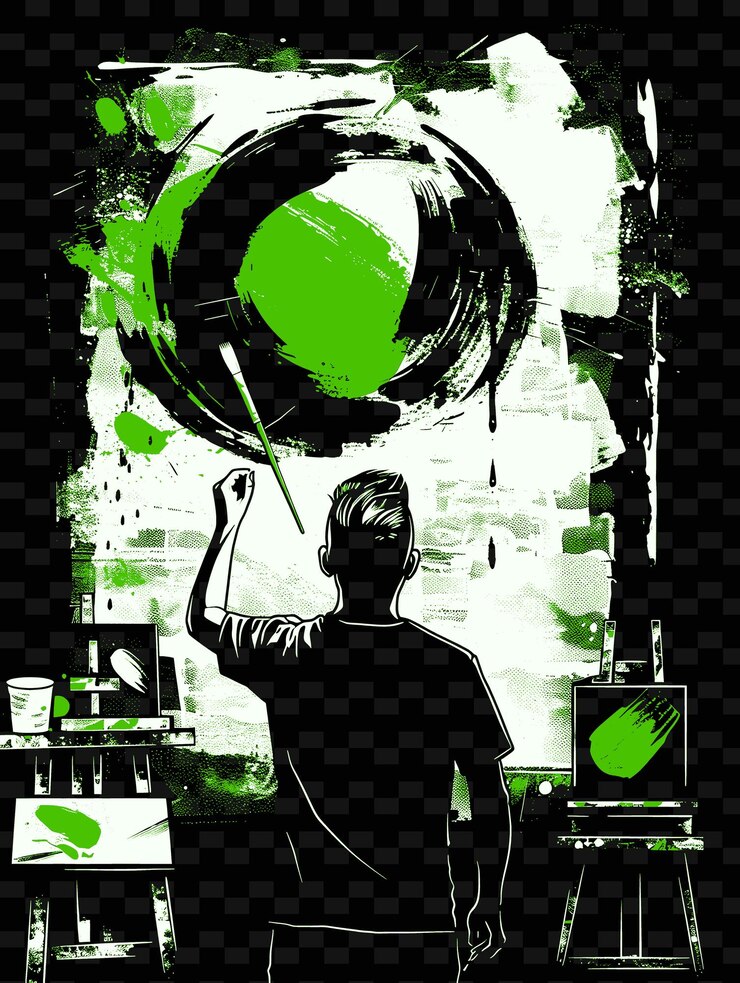 PSD man holding a paintbrush with an art studio in the backgroun png poster background designs