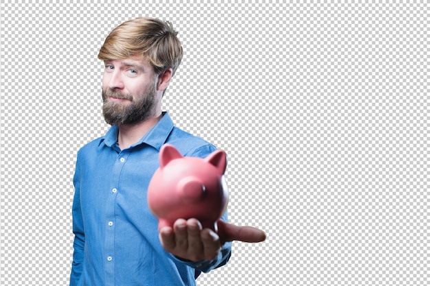 PSD man holding piggy bank