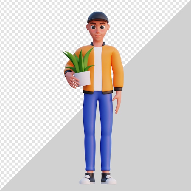 植物3Dキャラクターイラストを保持している男