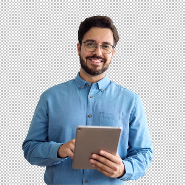 Man holding tablet and smiling