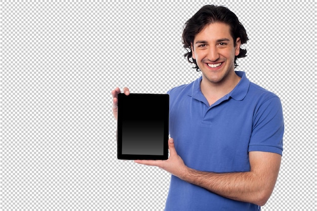 a man holding a tablet with a black screen that says  i am the brand