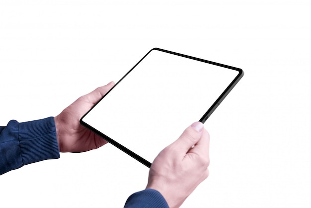 Man holding tablet with isolated and screen for mockup