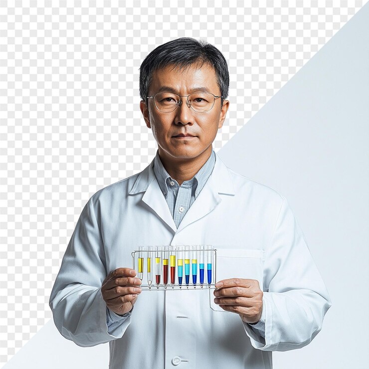 PSD 다채로운 그래프의 그림을 가진 시험관 을 들고 있는 남자