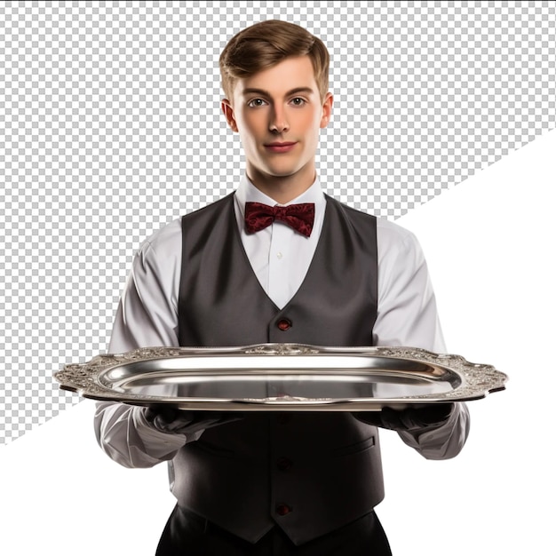PSD a man holding a tray that says quot the waiter quot