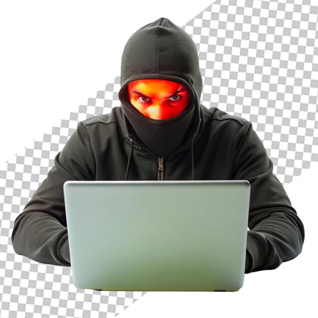 透明な背景にラップトップまたはハッカーを使用してパーカーを着た男