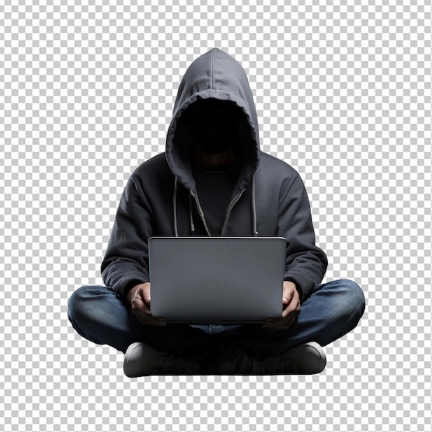 PSD man in hoodie using laptop