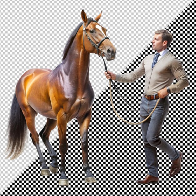 PSD man and horse stand on transparent background