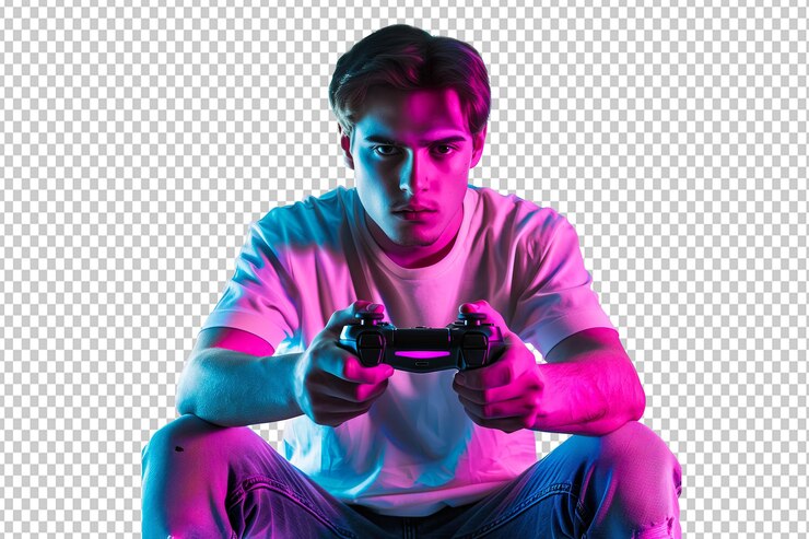 PSD man houdt joystick in handen in neonlicht
