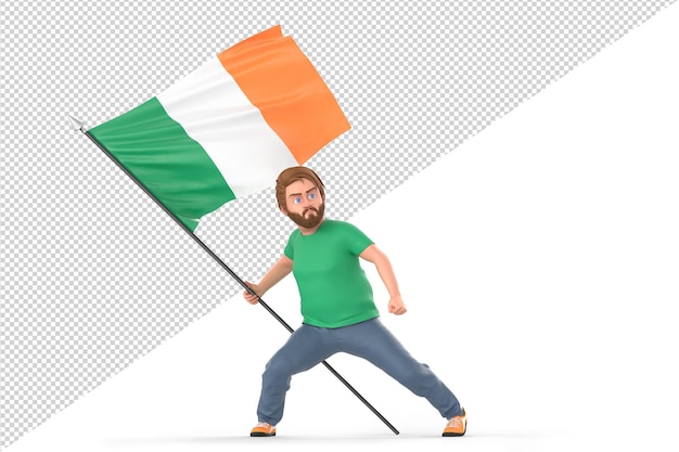 Man houdt trots de vlag van de Republiek Ierland vast. Geïsoleerd op witte achtergrond 3D-rendering