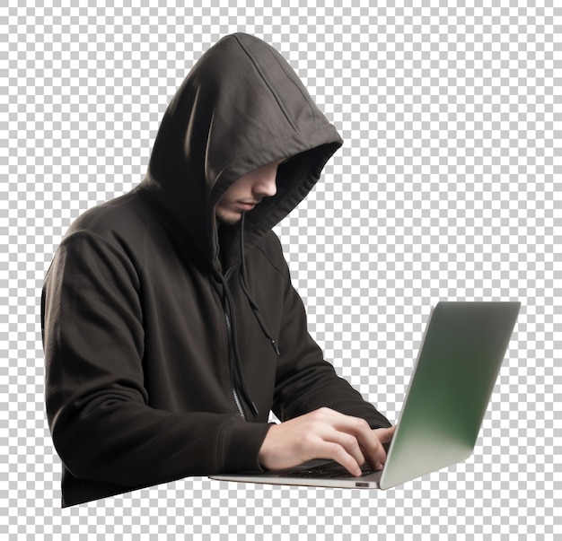 Man in hoodie met behulp van laptop of een hacker geïsoleerd op transparante achtergrond